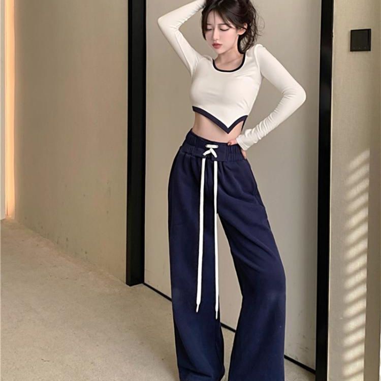 COZOK Set Áo Thun Ngắn Tay Cổ Vuông Nhiều Màu Sắc + Quần Dài Lưng Cao Ống Rộng Thời Trang Nữ