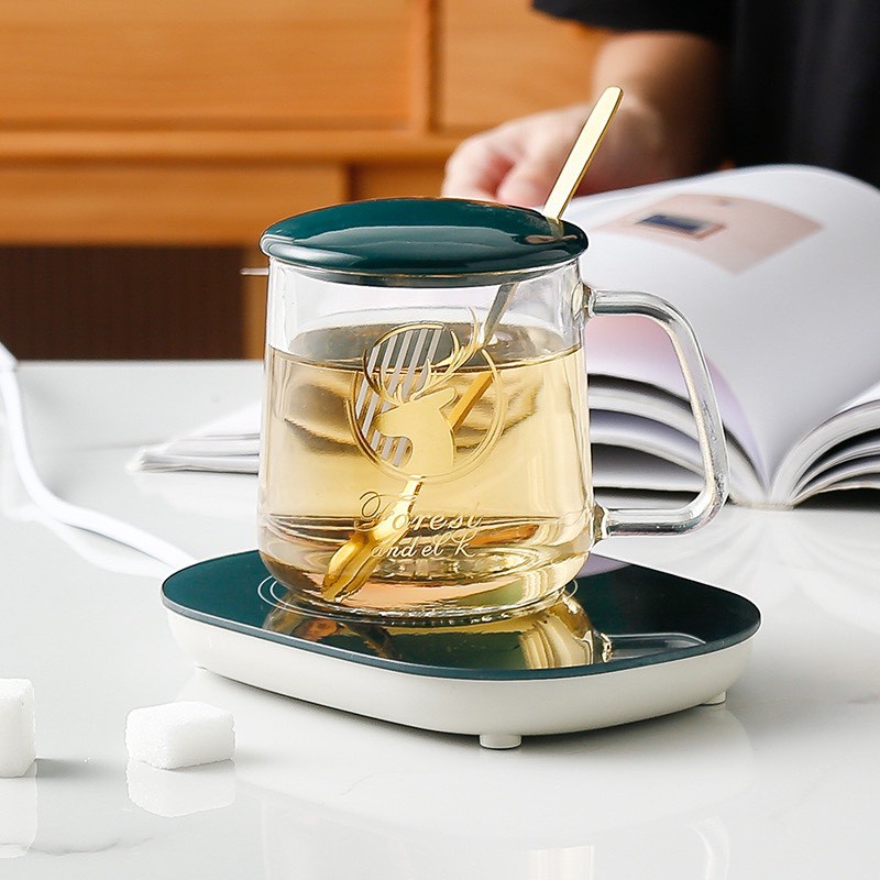 Cốc Hâm Nóng Bằng Thủy Tinh, Ly Thủy Tinh Kèm Đế Điện Hâm Nóng Cafe, Sữa, Trà + Tặng Thìa Mạ Vàng Tiện Lợi