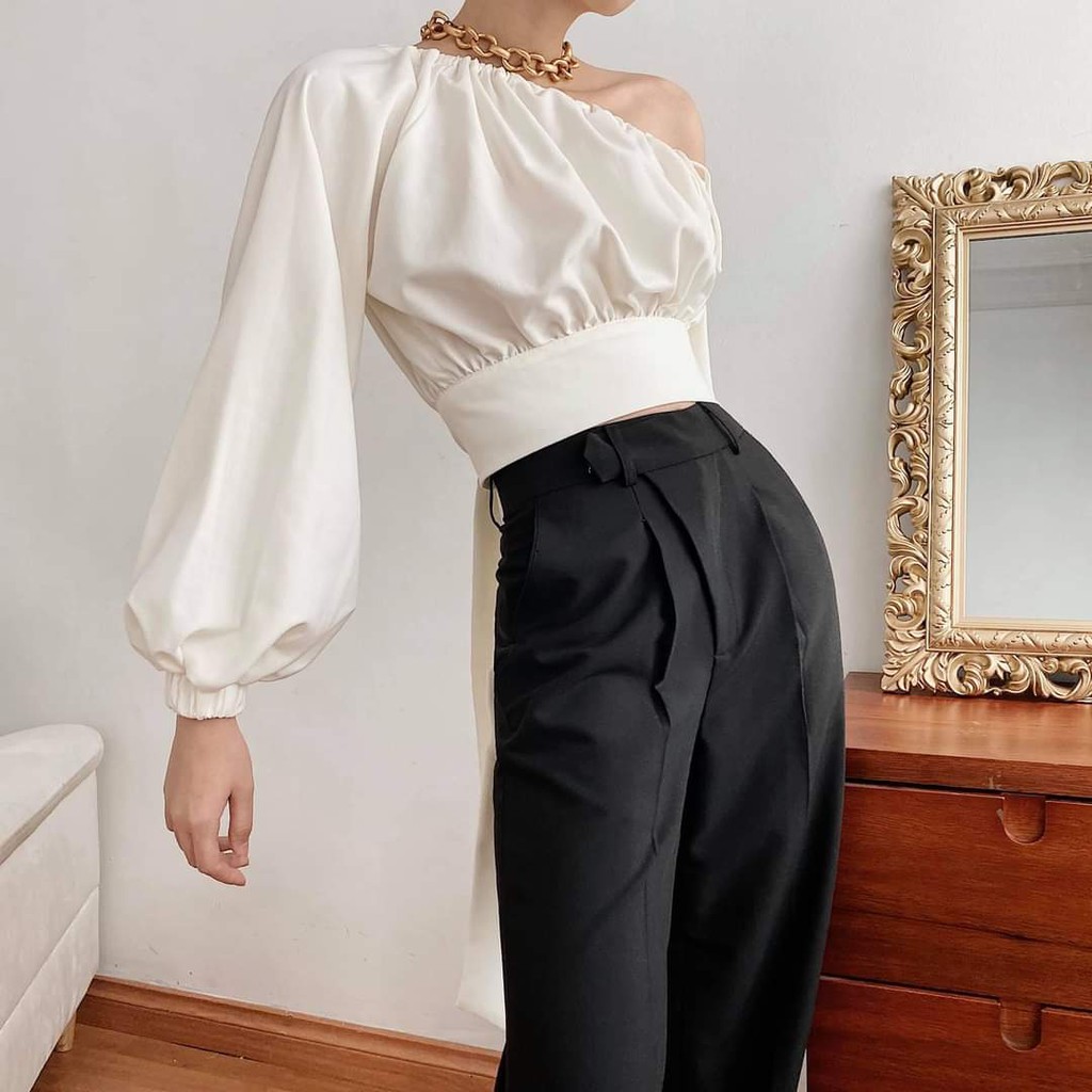 [Mã WAMT10K giảm 10k cho đơn 0k] Áo croptop lệch vai, tay dài, thắt nơ sau lưng | BigBuy360 - bigbuy360.vn