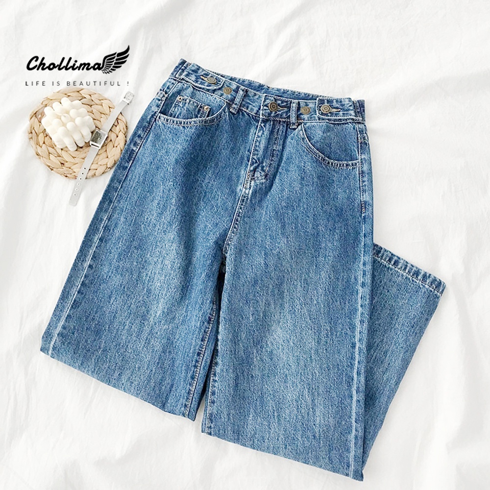 Quần baggy jeans nữ Chollima ống rộng SIMPLE JEAN dài 98cm gài cúc eo màu xanh nhạt QD041