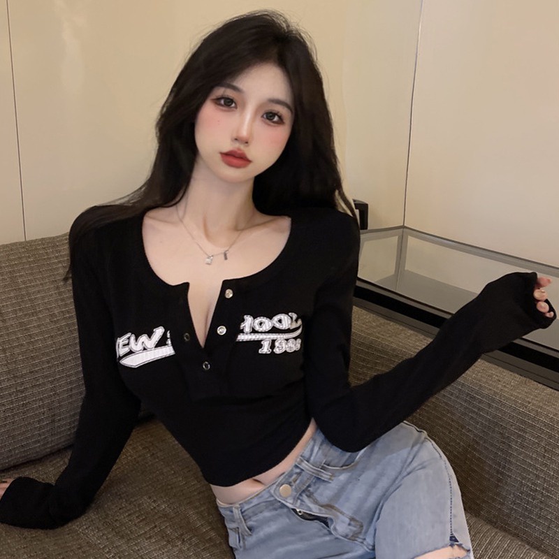 Áo Croptop Tay Dài In Chữ Phong Cách Hàn Quốc Cho Nữ