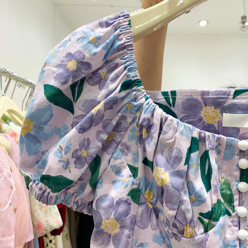 Áo chiffon Cổ Vuông Tay Ngắn Phồng In Họa Tiết Hoa Thời Trang Mùa Hè 2022 Mới Cho Nữ