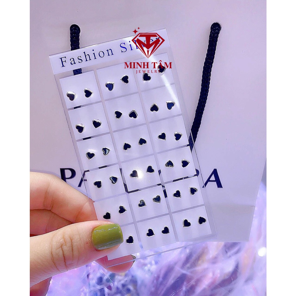 Bông tai nụ trái tim bạc ta, Khuyên tai trái tim màu đen chất liệu bạc ta Minh Tâm Jewelry