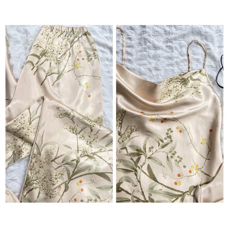 Bộ Đồ Ngủ 4 Món Bằng Lụa Mát In Họa Tiết Thời Trang Quyến Rũ Cho Nữ