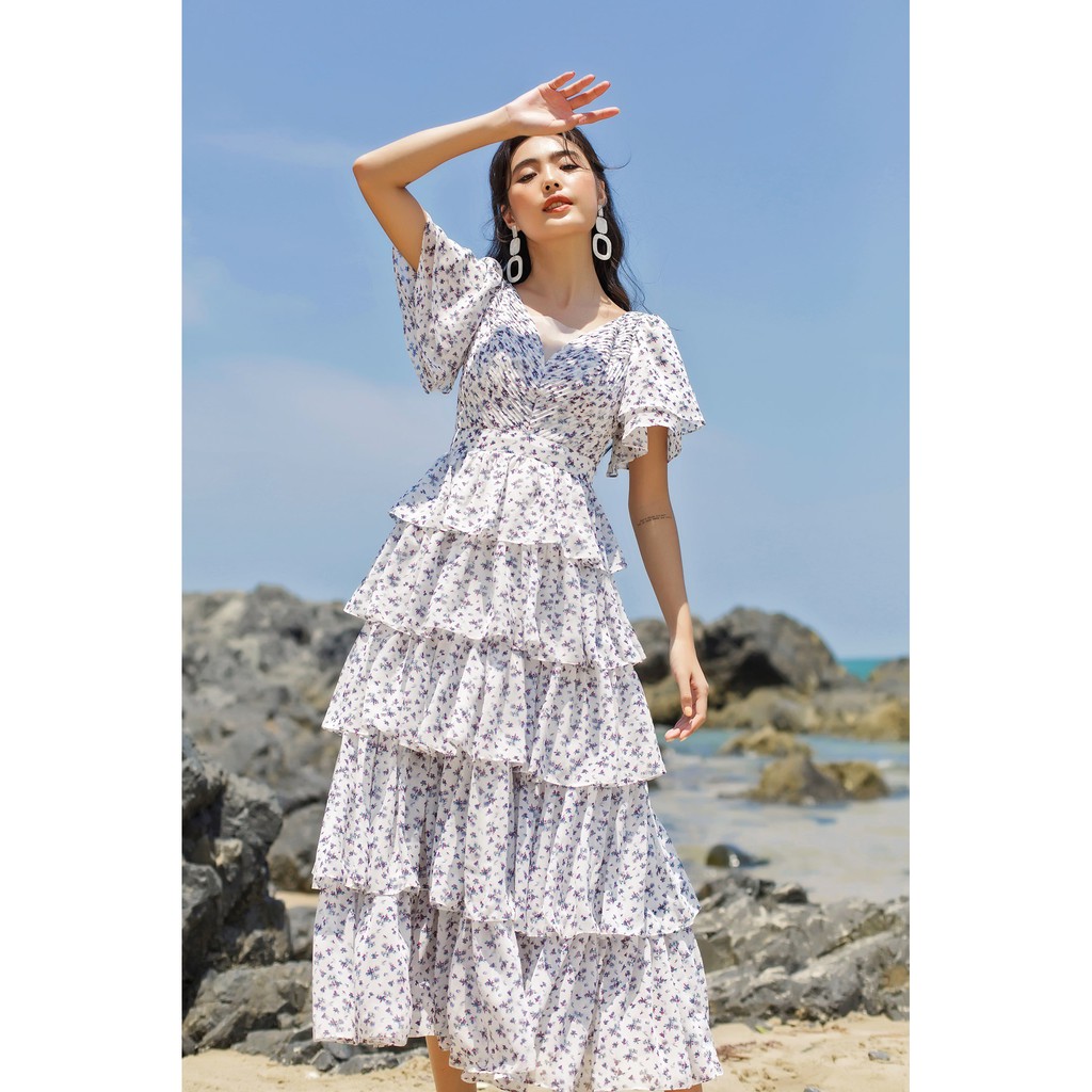 SÒ VINTAGE - NAVIE Đầm hoa cổ tim tay cánh tiên xếp tầng