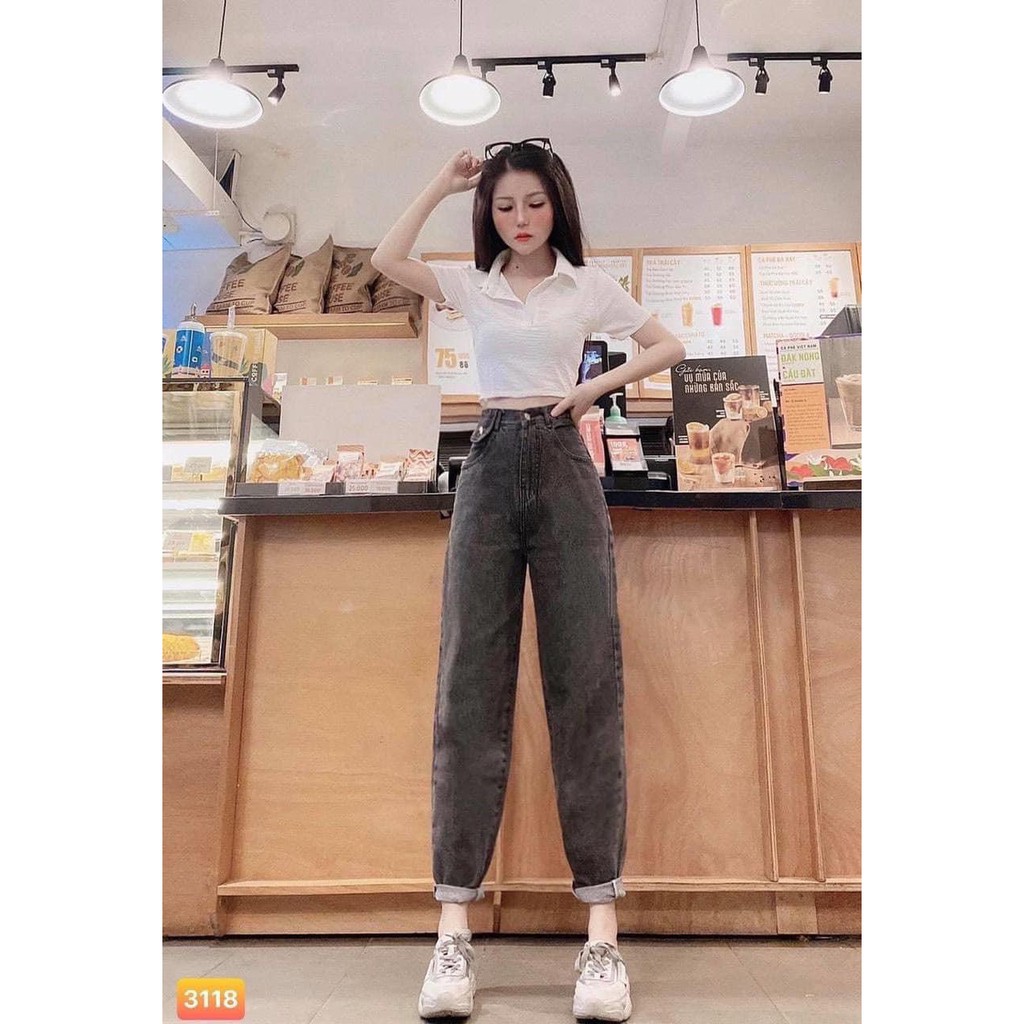 set xinh áo croptop polo kèm quần jean đen xinh