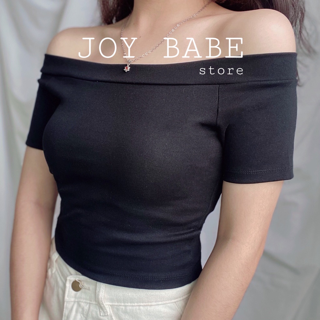 Áo thun croptop trễ vai Basic JOY BABE❄vải xịn Forever 21 co giãn 4 chiều💙 màu trơn đơn giản đen kiểu bẹt vai CRON 4 -4A