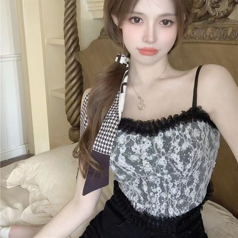 ÁO Hai DâY BảN To HàN QuốC Cổ đIểN Sexy Ren Crop  Tank Top Kieu Nữ