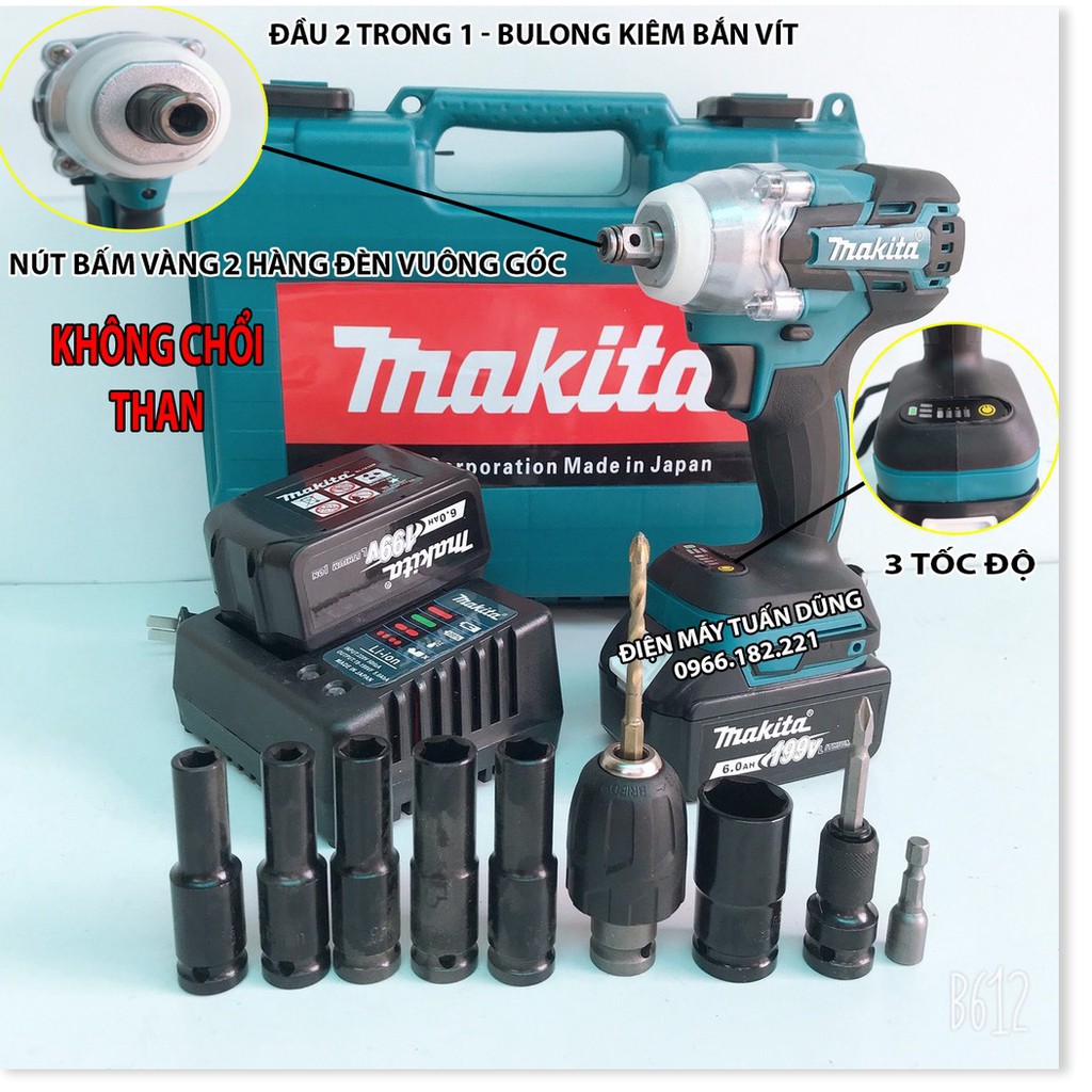 Máy bắn vít tôn bulong dùng pin Makita 199V Lực siết 500Nm BỘ SẢN PHẨM 2 PIN TẶNG BỘ PHỤ KIỆN 10N + MŨI KHOAN 5 + 5 KD