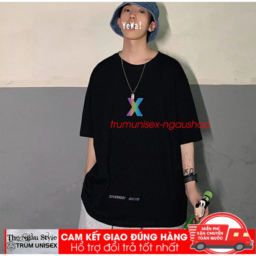 Áo thun unisex form rộng tay lửng nam nữ hàn quốc in Phản Quang Chữ X trùm unisex