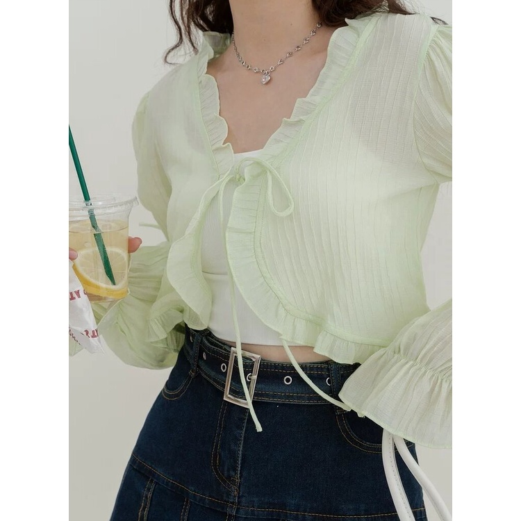 QKOOLE  Áo Kiểu Tay Dài Cổ Chữ V Phối Bèo Nữ Tính