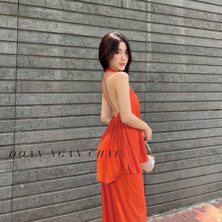 Set đồ nữ dập ly áo cổ yếm hở lưng quần ống rộng suông dài đi biển dạo phố HATI
