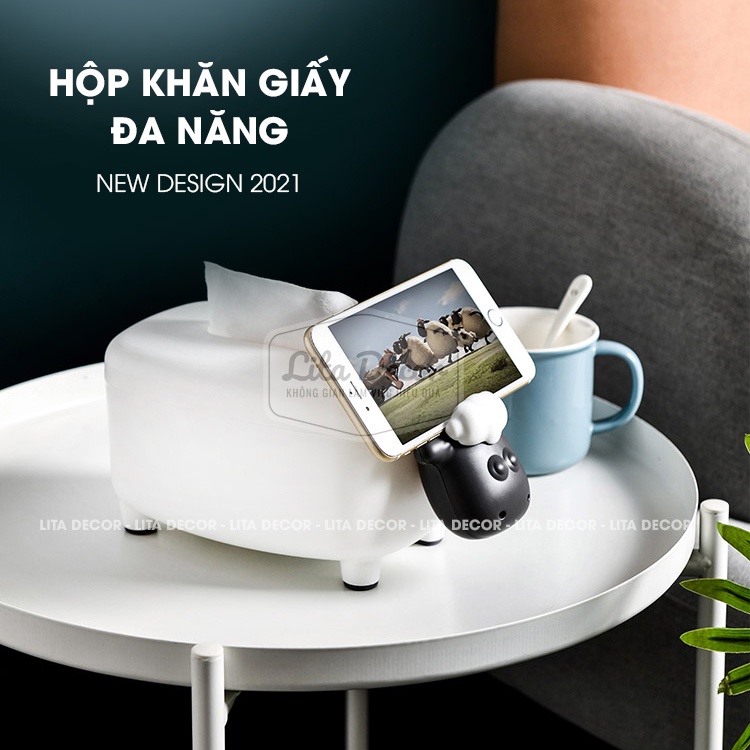 Hộp đựng khăn giấy ăn, hình con cừu kết hơp giá đỡ điện thoại &amp; đồ trang trí, mã HG02