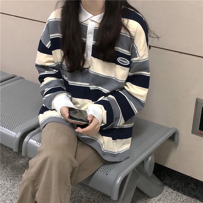 Áo Sweater Cổ Polo Tay Dài Form Rộng Kẻ Sọc Phong Cách Hàn Quốc