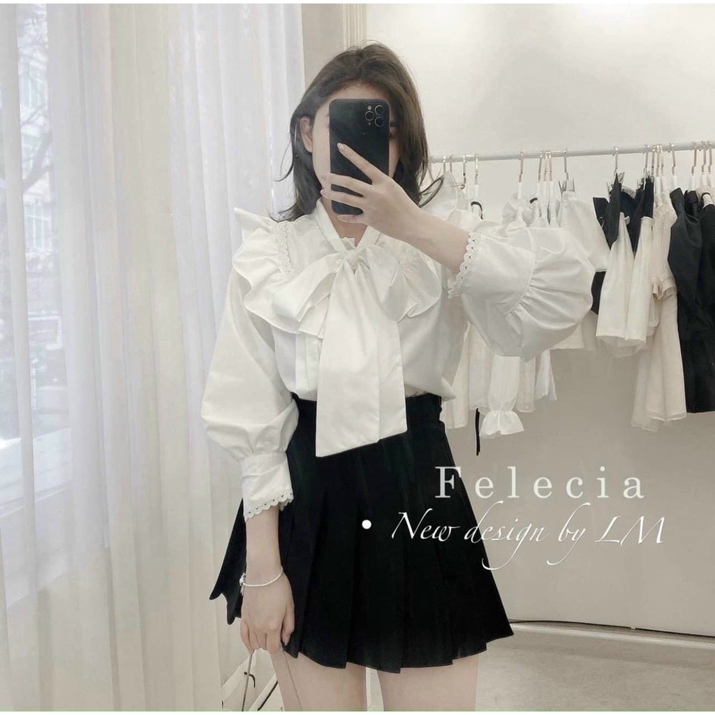 Áo sơ mi trắng tiểu thư ulzzang cổ nơ viền ren - SM35