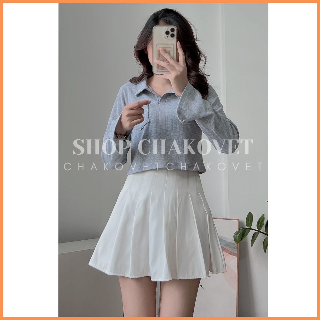Áo Croptop nữ dài tay cổ Polo A8424 Áo dáng ngắn có túi ngực ôm Body tôn dáng cực quyến rũ cá tính tiểu thư
