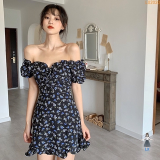 Đầm Voan Hoa Tay Phồng Cổ Chữ V Xinh Xắn Theo Phong Cách Retro