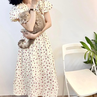 VN808 - VÁY NỮ MÀU BE HOA HỒNG NHÍ CỔ V