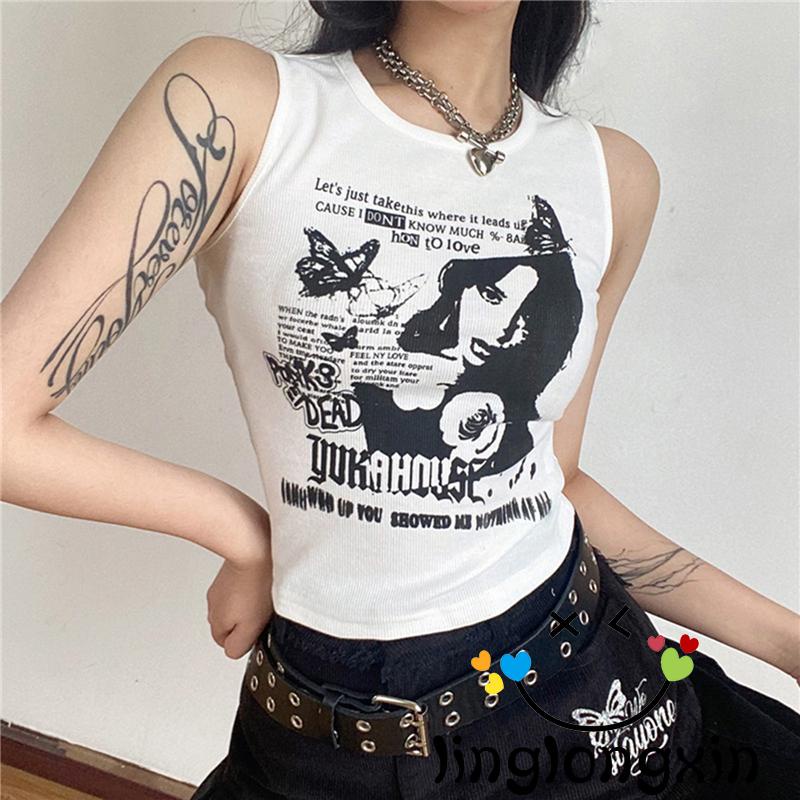 Áo Croptop Sát Nách Cổ Tròn In Chữ Và Hình Bướm Thời Trang Mùa Hè Cho Nữ Y2K