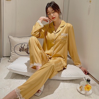 Bộ đồ ngủ tay dài bằng lụa phối ren quyến rũ thoải mái phong cách Hàn Quốc dành cho nữ