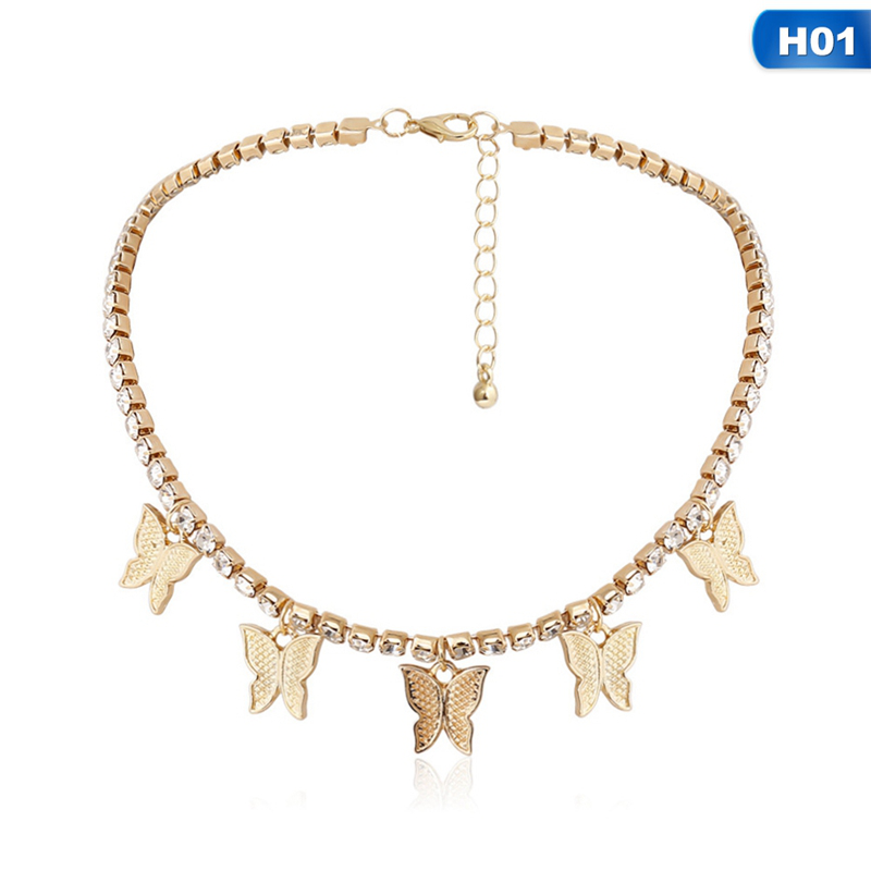 Pink Clear Tennis Chain Butterfly Drop Charm Choker Necklace Women