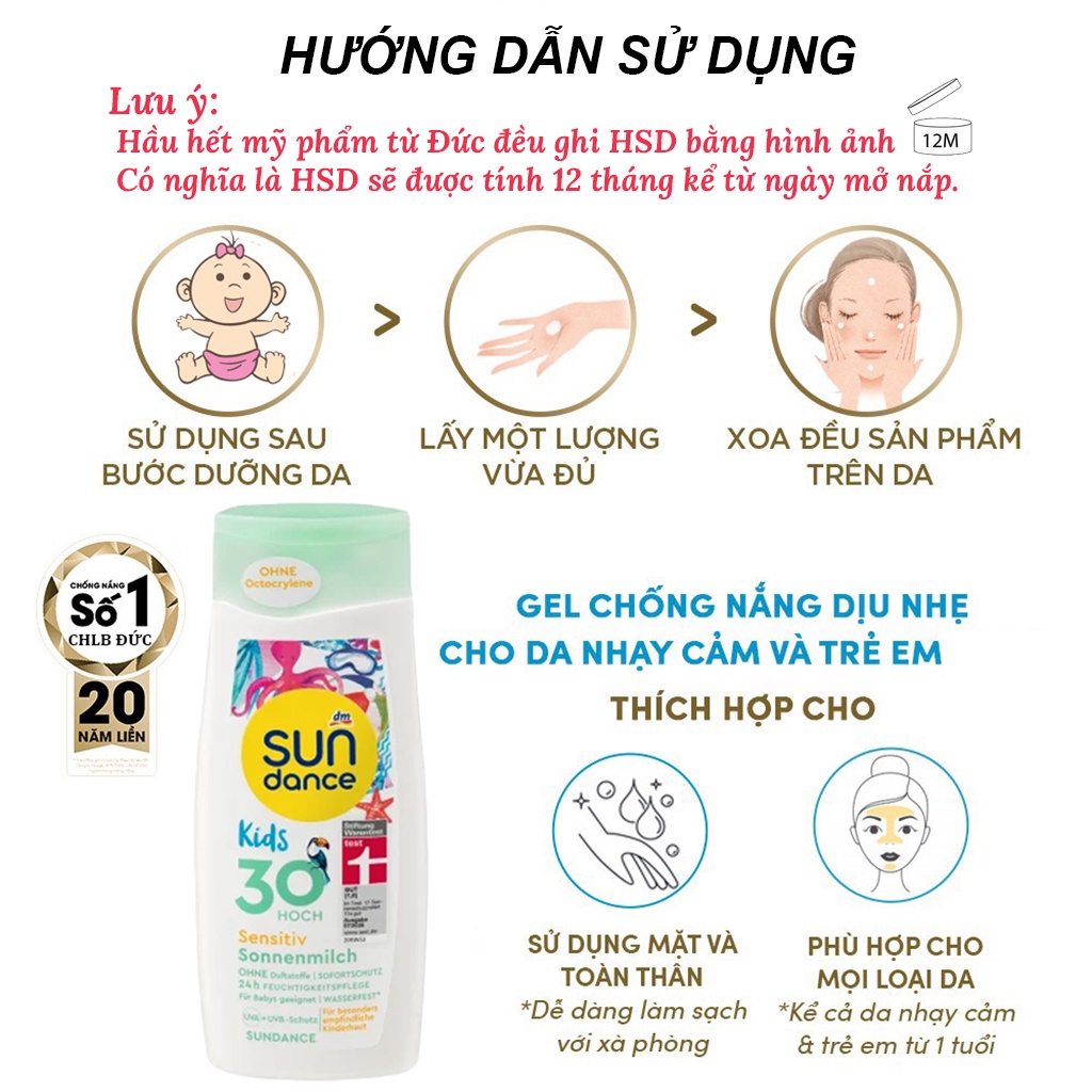 Kem chống nắng dành cho bé Sundance Kid kcn trẻ em bảo vệ da trẻ nhỏ an toàn 30SPF 200ml