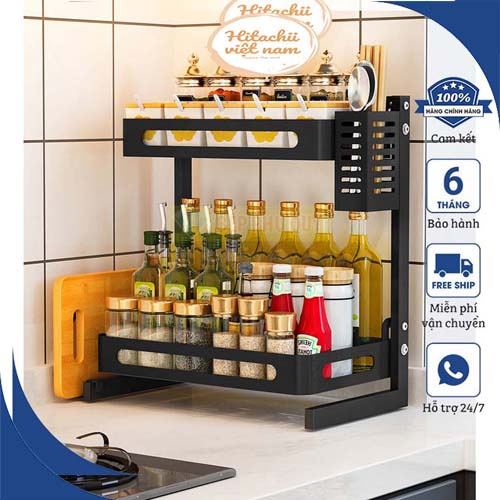 Kệ gia vị thép đen đa năng 2 tầng có ống cắm đũa và giá để thớt đa năng tiện dụng, Kệ nhà bếp đa năng 2 tầng