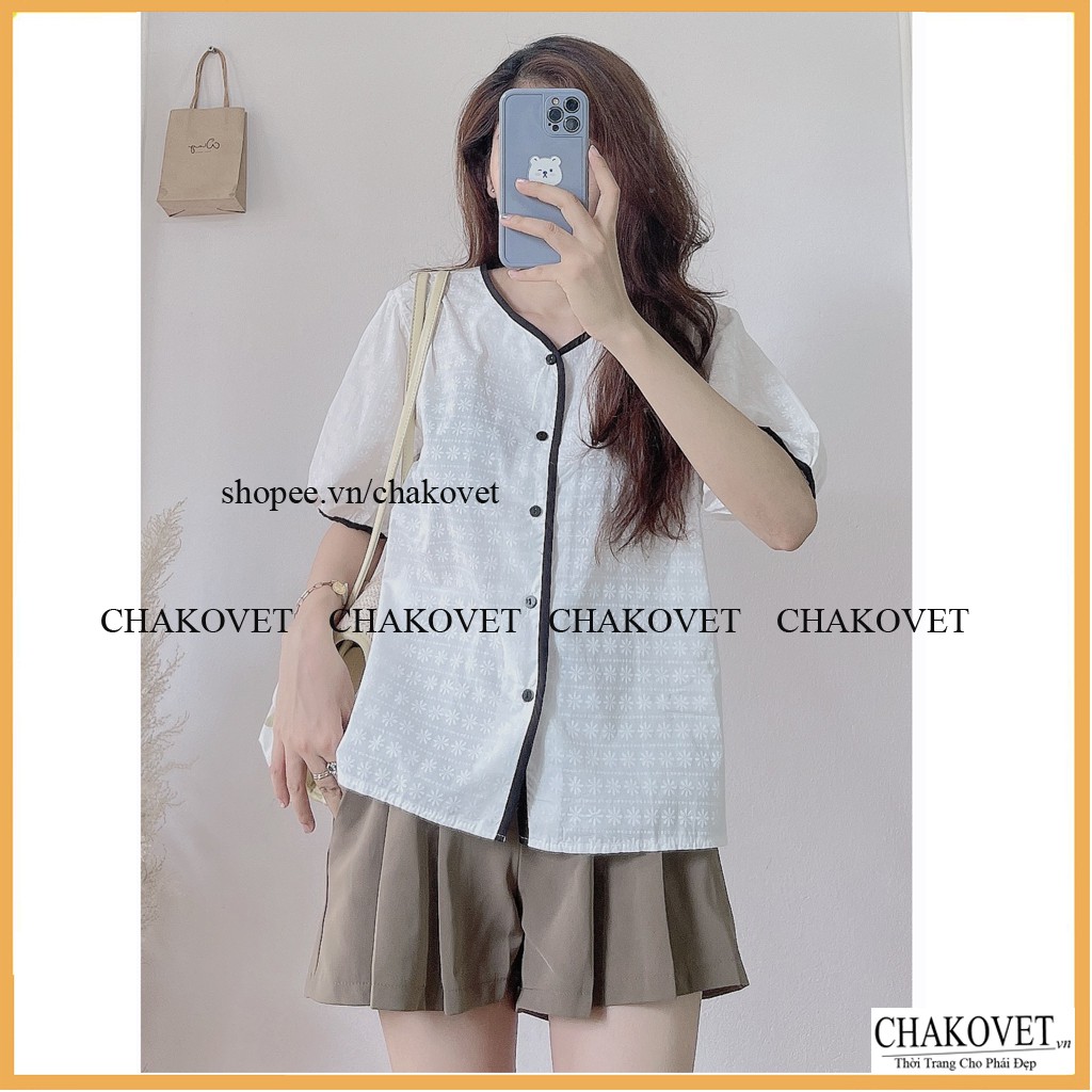 Áo sơ mi nữ tay ngắn trắng CKA860, áo kiểu nữ dễ thương style hàn quốc cổ V vân hoa mặc đẹp dáng xinh áo freesize <53kg | BigBuy360 - bigbuy360.vn