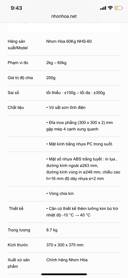 Cân đồng hồ Nhơn Hòa 60Kg Chính Hãng