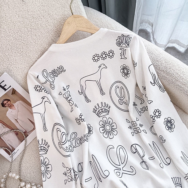 Áo Cardigan Dệt Kim Tay Dài Cổ Tròn Hoạ Tiết In Thời Trang Mùa Thu Cho Phái Nữ