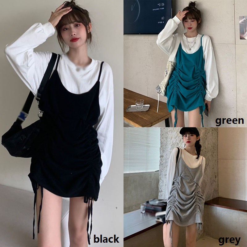 Bộ đầm hai dây hai mảnh phối dây rút xếp ly màu sắc tương phản dành cho bạn nữ