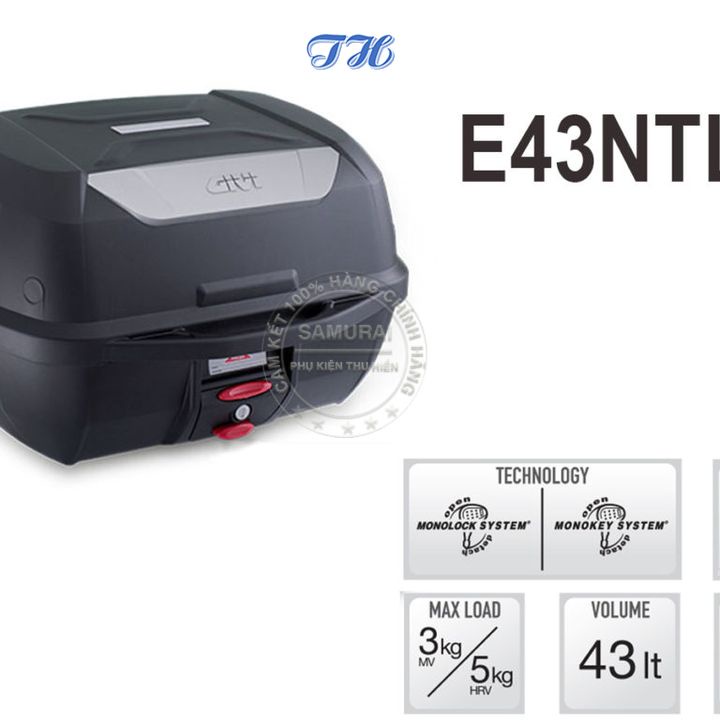 Thùng sau givi E43NTL 43 lít đựng 2 nón bảo hiểm - chình hãng bảo hành 2 năm