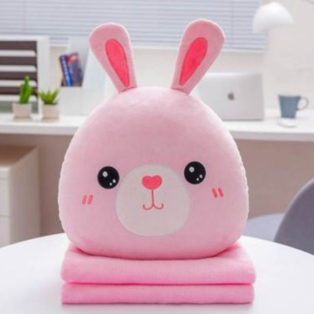 Bộ chăn gối văn phòng hình thú tròn hình thỏ hồng đáng yêu