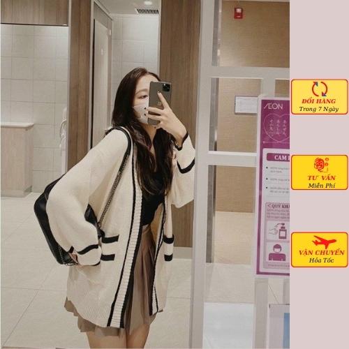 Áo cardigan len nữ oversize dáng dài phom rộng viền đen trắng ulzzang Hàn Quốc mùa thu đông