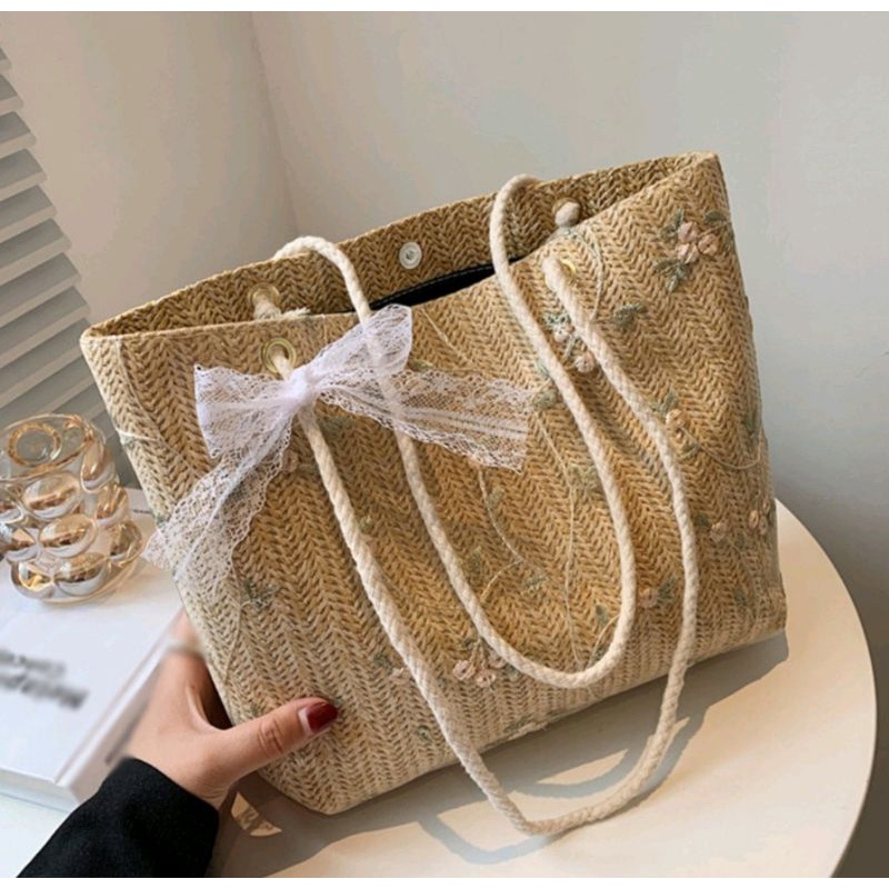 Túi cói đi biển phong cách vintage phối nơ ren xinh