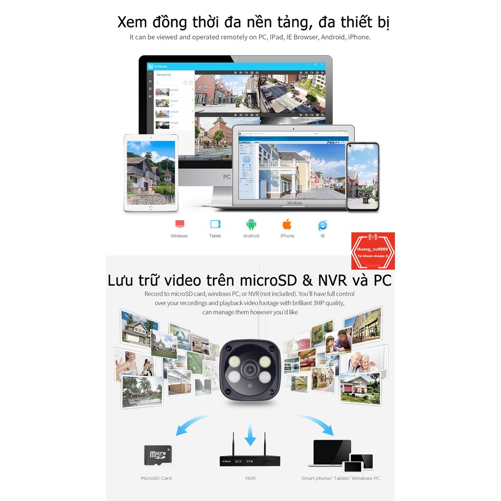 Camera Wifi Ip SRIHOME 3.0 Model SH035 FUllHD 1296 MP - Camera Ngoài Trời Quay Đêm,Chống nước, Cảnh báo chuyển động