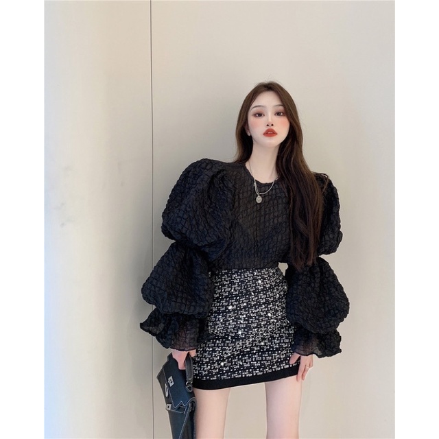 Set áo tiểu thư dự tiệc tay phồng bồng cổ tròn chân váy ngắn dạ tweed cạp cao quần vải short ngắn cạp cao âu nữ