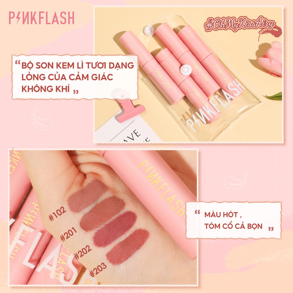 Bộ 4 son môi mờ PINKFLASH dạng lỏng chống thấm nước với hiệu ứng kép nhẹ cho môi và má