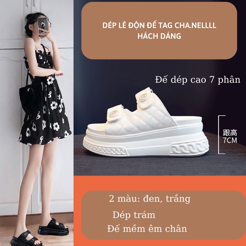 Dép lê nữ độn đế tag Cha.n.ell hách dáng 7 phân hàng Quảng Châu quai dán dễ điều chỉnh Xiaomimi