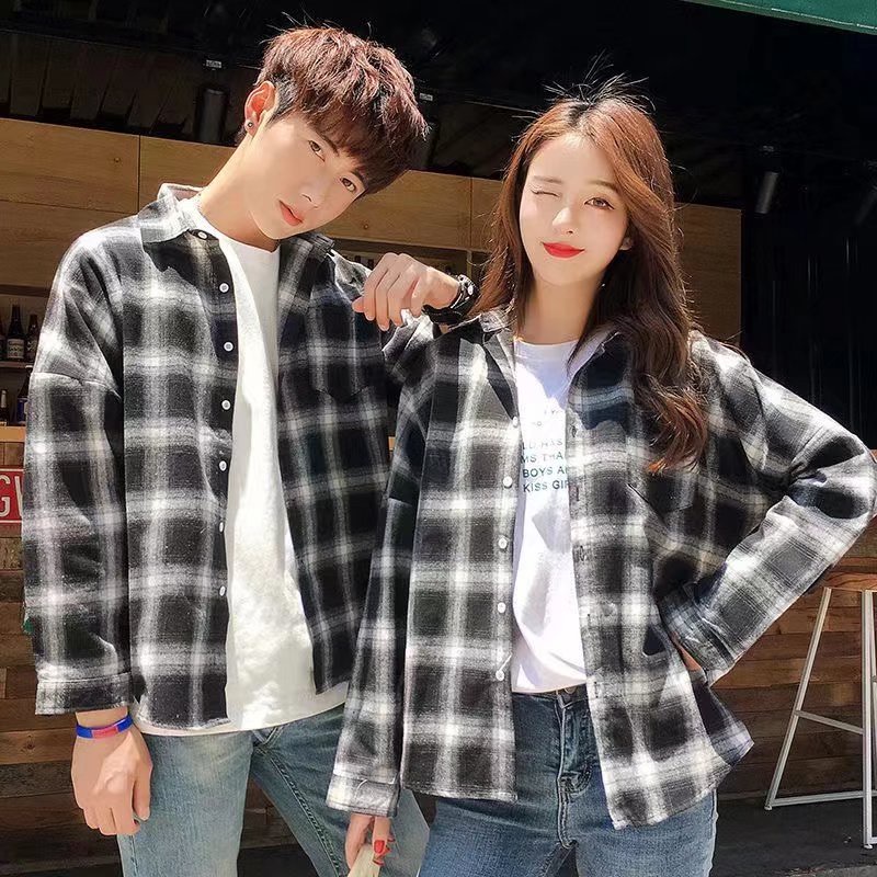 Áo sơ mi tay dài kẻ sọc caro phong cách Hàn Quốc thời trang xuân thu cho cặp đôi (m~`3xl)