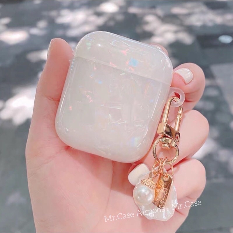 Case Airpods 1/2/3/Pro Vỏ Ốp Tai Nghe Màu Trắng Xà Cừ Kèm Móc Khoá Xinh- Mr.Case AirPods