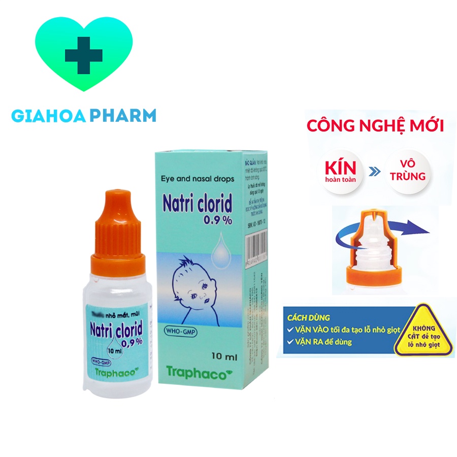 Dung dịch nước nhỏ mắt, mũi Natri clorid 0,9% (Traphaco) - Lốc 10 chai