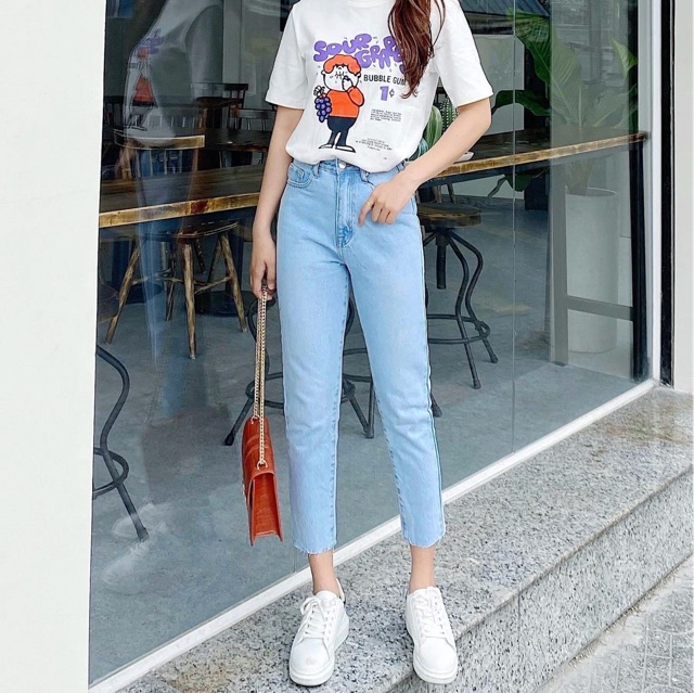 Quần momjeans trơn lai cắt lưng cao