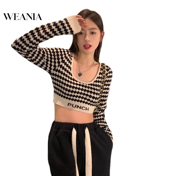 Áo Croptop Dệt Kim Tay Dài Cổ Thuyền Phong Cách Retro Quyến Rũ Cho Nữ