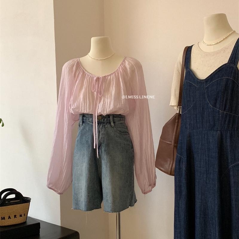 Áo Kiểu Tay Dài Cổ Tròn Cột Dây Xếp Ly Màu Trơn Thời Trang Mùa Thu 2022 Dành Cho Nữ