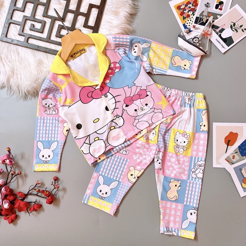 Đồ bộ pijama dài tay bé gái thun lạnh 3D co giãn 4 chiều mặc nhà mặc ngủ in hình dễ thương 22-44kg