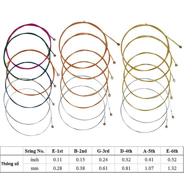 Dây đàn guitar acoustic nhiều màu giá rẻ ( bộ 6 dây size 011-052 )