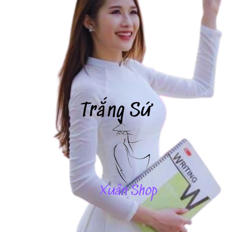 Áo dài trắng học sinh cổ vuông 02 tà lụa nhật truyền thống may sẵn