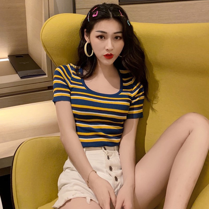 Korean U-neck Color Striped Short Knit Short-Sleeved T-shirt