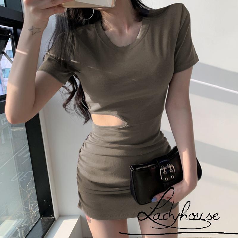 Đầm ôm dáng tay ngắn cổ tròn màu trơn thiết kế thời trang cho nữ